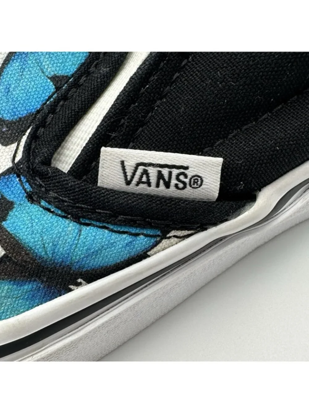 Vans Women 7 Classic Slip On Sneakers Butterfly Checkerboard Black Blue Skate